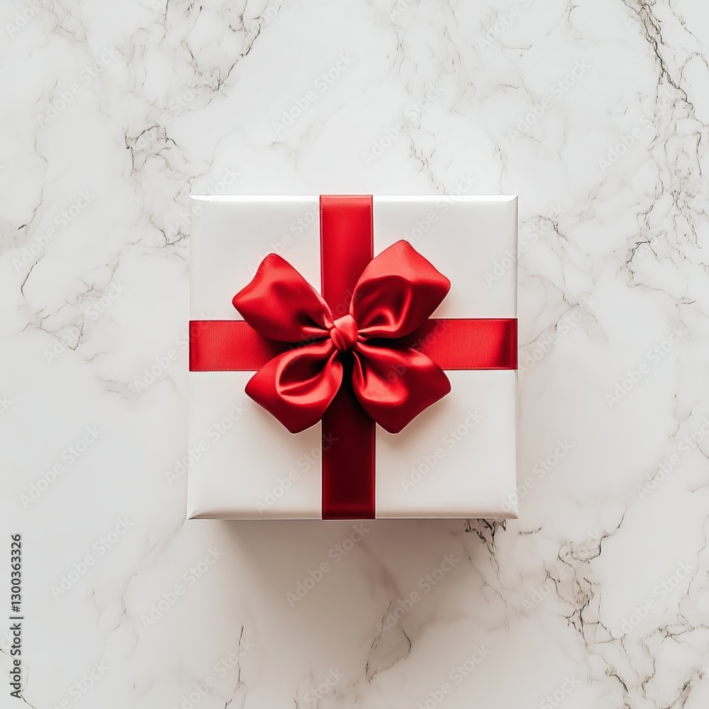Gift Box with Red Ribbon: A beautifully wrapped present, adorned with a vibrant red ribbon, sits elegantly on a marble surface, hinting at the anticipation and joy of a special occasion.