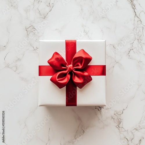 Obraz na płótnie Gift Box with Red Ribbon: A beautifully wrapped present, adorned with a vibrant red ribbon, sits elegantly on a marble surface, hinting at the anticipation and joy of a special occasion. w salonie