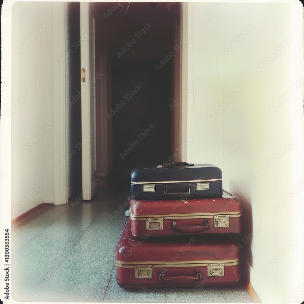 Journey's Commencement: Vintage luggage, stacked in a domestic corridor, captures a moment of anticipation and the allure of travel, evoking a sense of adventure and the excitement of exploration.