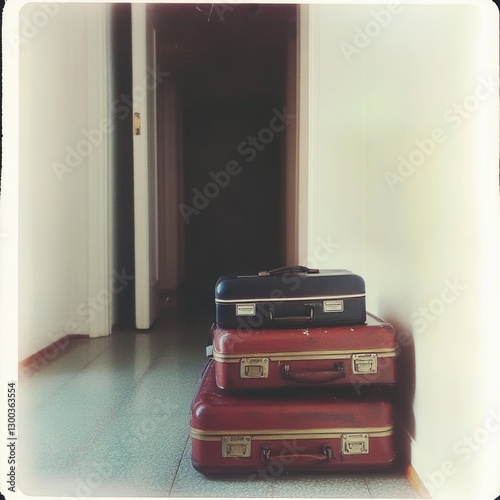 Obraz na płótnie Journey's Commencement: Vintage luggage, stacked in a domestic corridor, captures a moment of anticipation and the allure of travel, evoking a sense of adventure and the excitement of exploration. w salonie