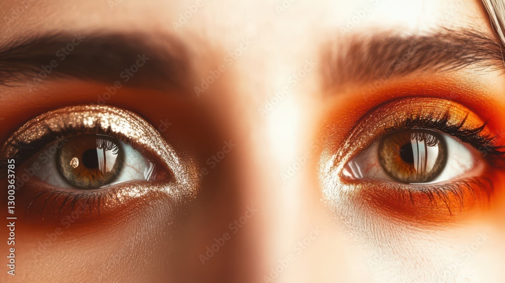 Naklejka premium A mesmerizing close-up of two expressive eyes adorned with shimmering golden makeup, reflecting light beautifully and conveying emotions through their intricate details and colors.