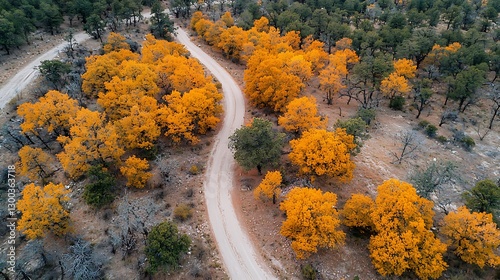 Aerial view of a winding dirt road through autumn forest photo