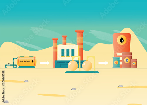 Oil industry infographic and petroleum extraction and processing, fuel transportation and distribution, gas and diesel production.