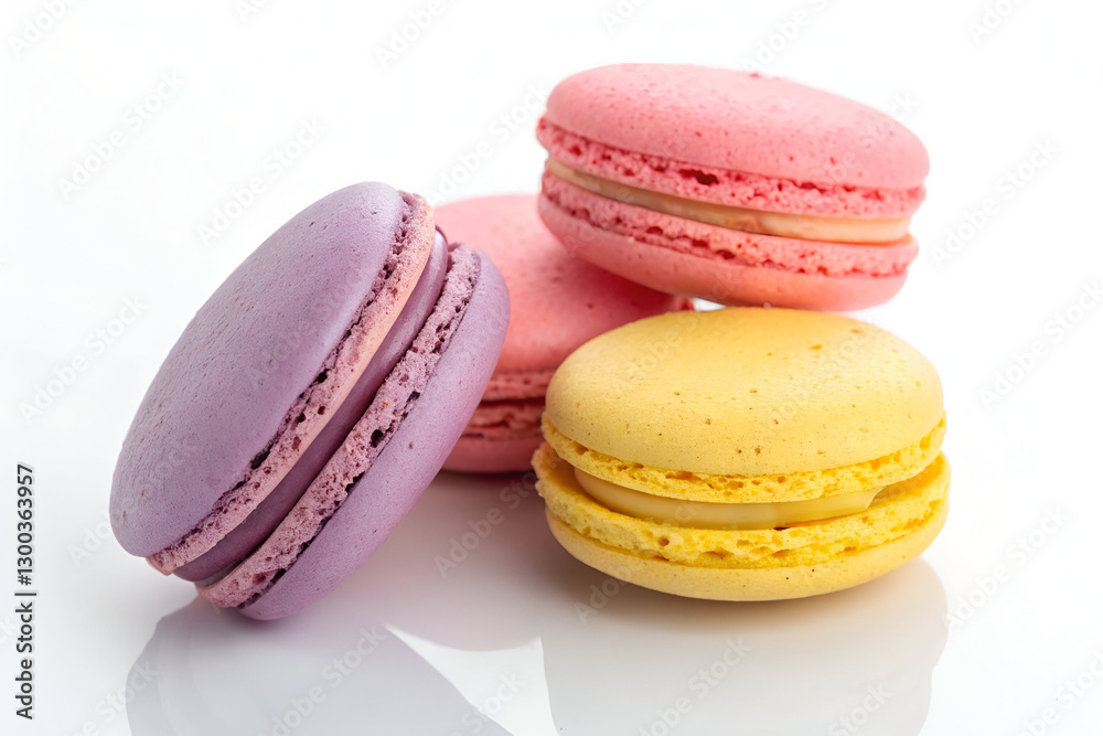 A delicious selection of pastel-colored French macarons, showcasing their light and airy texture on a bright white background. A delicious selection of pastel-colored French macarons, showcasing their light and airy texture on a bright white background.