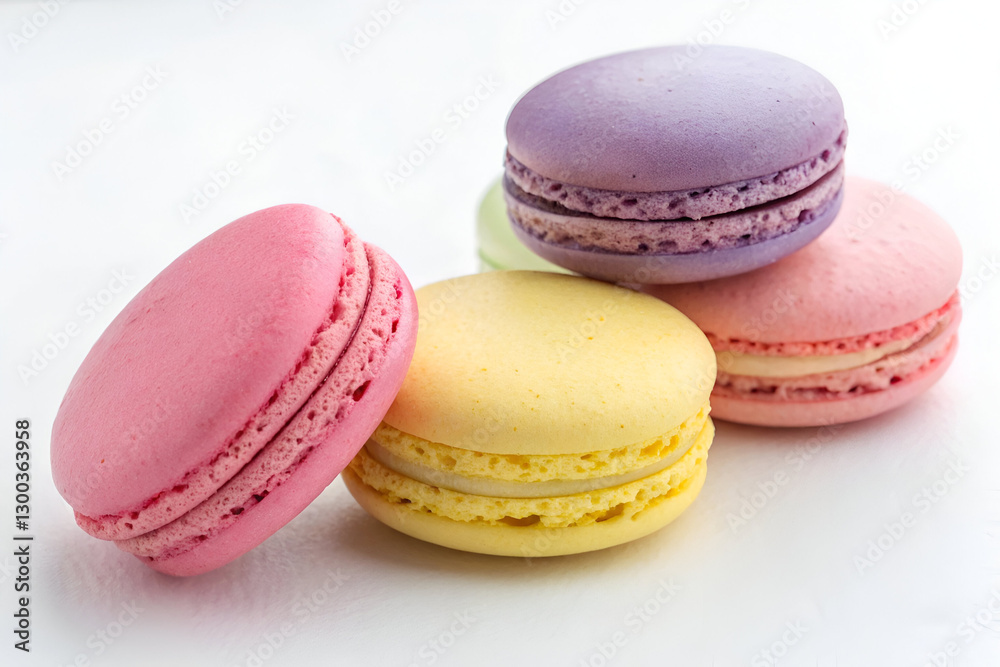 A delicious selection of pastel-colored French macarons, showcasing their light and airy texture on a bright white background. A delicious selection of pastel-colored French macarons, showcasing their light and airy texture on a bright white background.