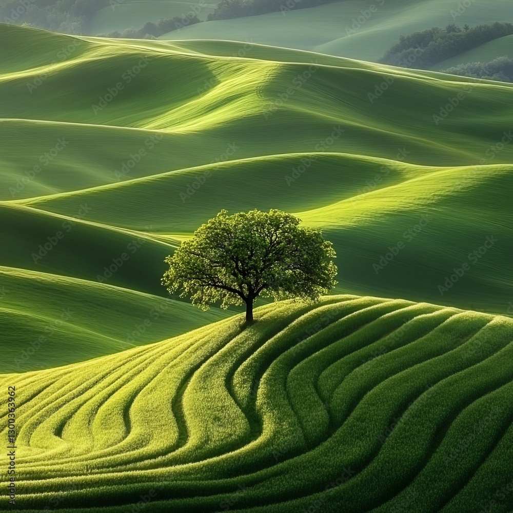 Rolling Green Hills with solitary tree: A vibrant landscape of rolling green hills, bathed in sunlight, with a solitary tree perched atop, evokes tranquility and the beauty of nature.