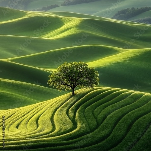 Obraz na płótnie Rolling Green Hills with solitary tree: A vibrant landscape of rolling green hills, bathed in sunlight, with a solitary tree perched atop, evokes tranquility and the beauty of nature. w salonie
