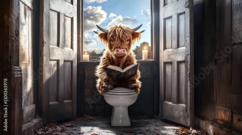 This whimsical image features a cow seated on a toilet reading a book in an old room, blending humor and the absurd in a unique, light-hearted composition.