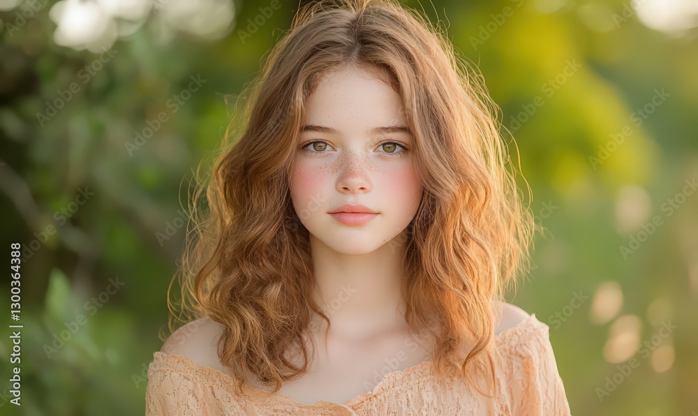 Obraz premium Freckled Girl with Curly Light Brown Hair in a Peach Top