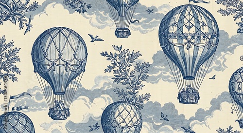 Seamless pattern of Toile de Jouy hot air balloons.

