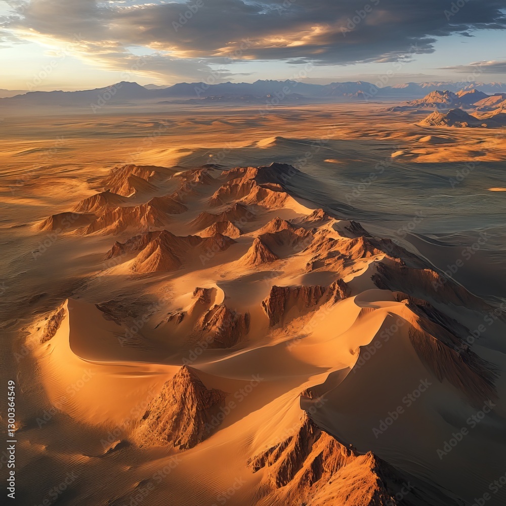 Desert Panorama: A breathtaking aerial perspective of a vast, undulating desert landscape, revealing layers of golden dunes and rugged mountain ranges under a dramatic sky.