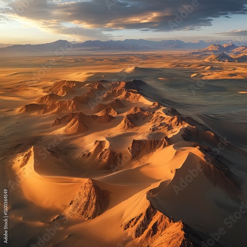 Obraz na płótnie Desert Panorama: A breathtaking aerial perspective of a vast, undulating desert landscape, revealing layers of golden dunes and rugged mountain ranges under a dramatic sky. w salonie