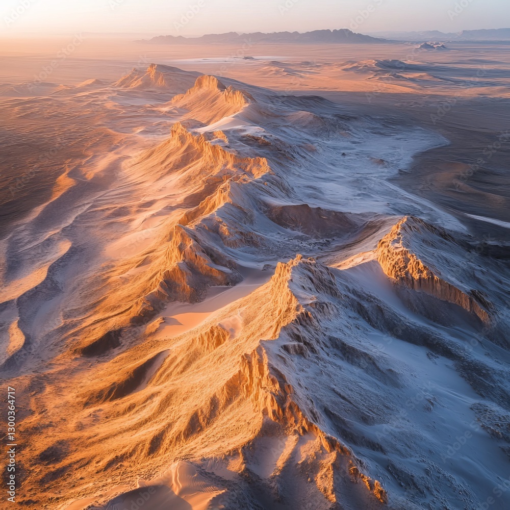 Desert Sunrise: A breathtaking aerial panorama of a majestic desert landscape under the warm embrace of the rising sun, with its golden light casting a gentle glow upon the rugged terrain.