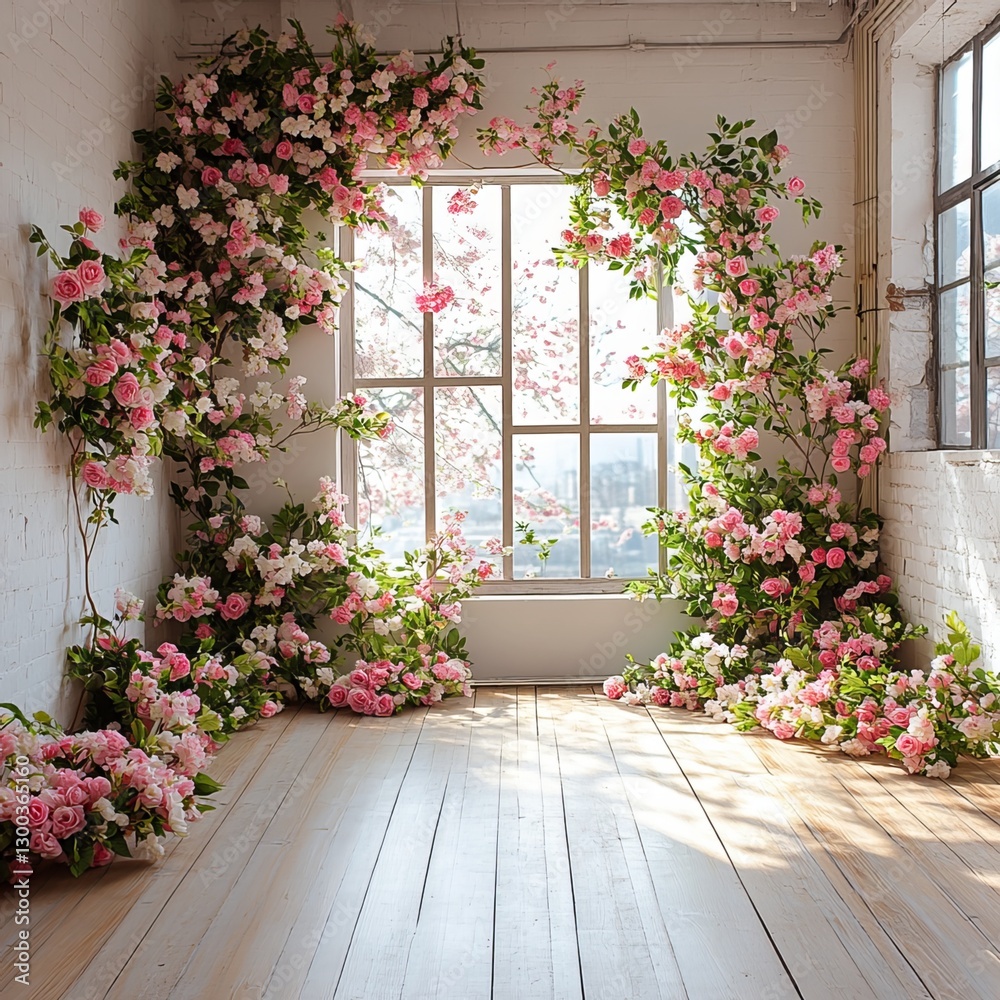 Floral Archway Window: A charming indoor setting that blooms with soft pink rose vines create a captivating scene around a window, creating a dreamy atmosphere.