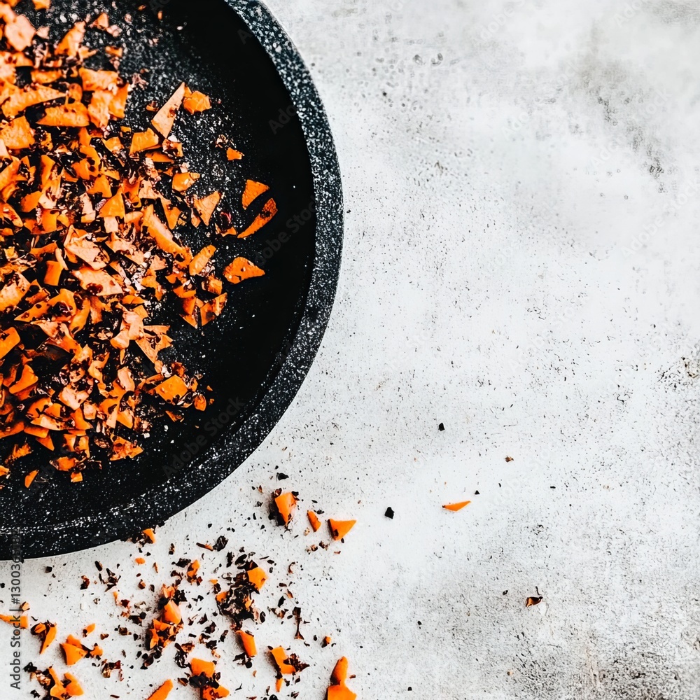 Spices in a Rustic Bowl: A close-up shot reveals a dark, textured bowl brimming with vibrant orange spices against a neutral backdrop, evoking culinary delights.
