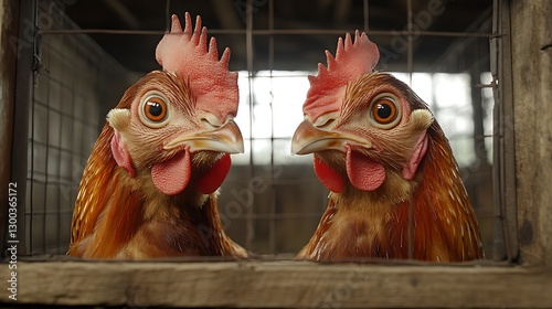 Hens stare from caged coop at farm