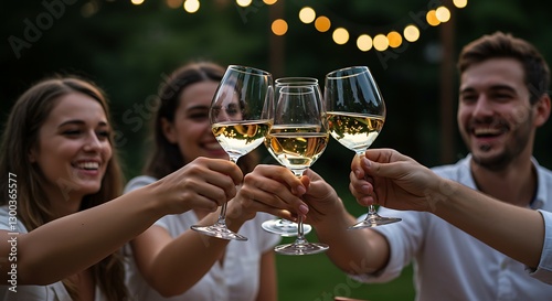 Happy friends having fun outdoor. Group of friends having backyard dinner party together. Young people sitting at bar table toasting wine glasses in vineyards garden