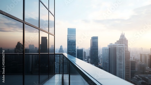 Cityscape at Sunset Modern Glass Skyscrapers and Urban Panorama from Rooftop Balcony