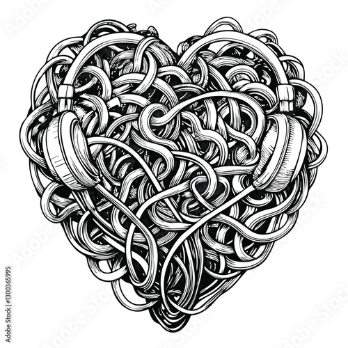 A close-up shot of a heart shape meticulously formed from intricately tangled headphone wires, showcasing the texture and complexity of the cords.