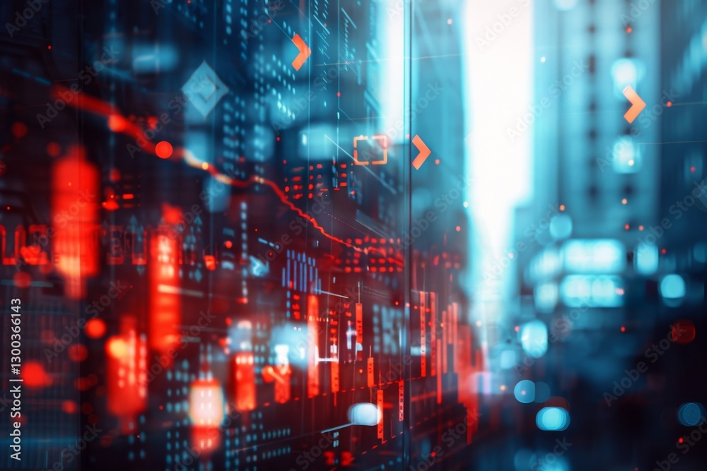 Fototapeta premium Double exposure effect, up arrows and stock market graphs on office buildings background