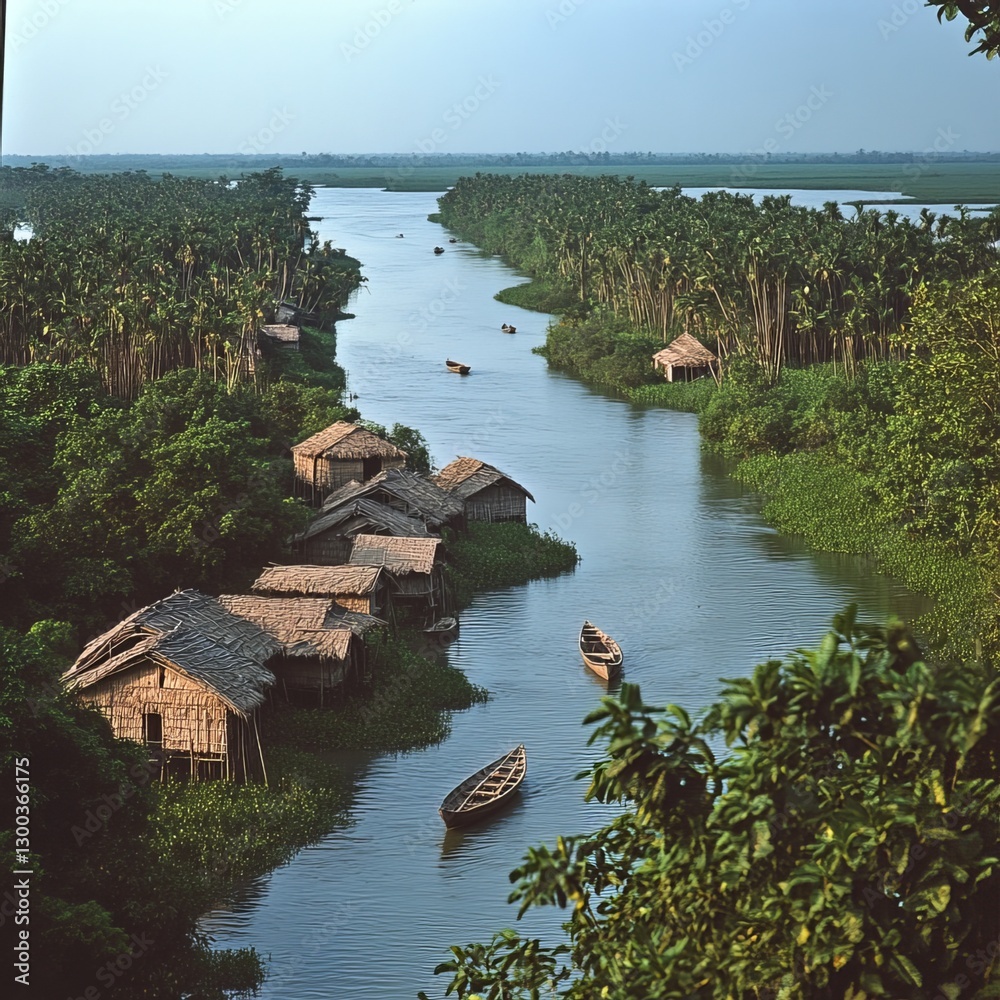 Serene Riverside Village: Nestled along the tranquil banks of a shimmering river, a picturesque village comes to life amidst lush greenery and traditional dwellings. The image exudes a sense of calm.