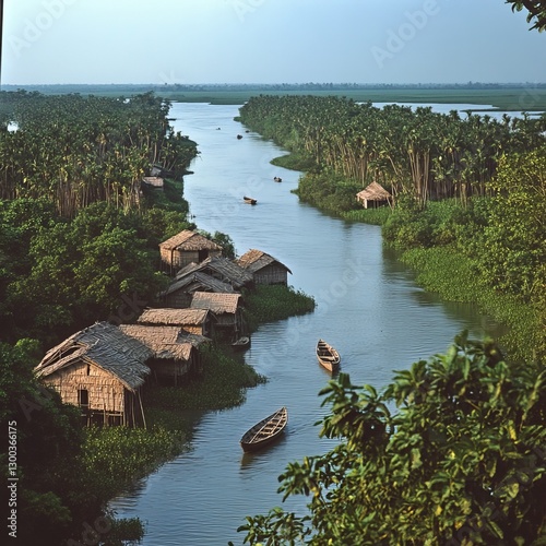 Obraz na płótnie Serene Riverside Village: Nestled along the tranquil banks of a shimmering river, a picturesque village comes to life amidst lush greenery and traditional dwellings. The image exudes a sense of calm. w salonie