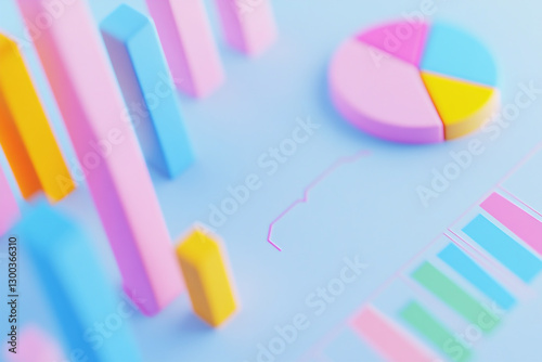 Abstract financial planning background, close-up of bar graphs and pie charts on a digital screen, gradient background