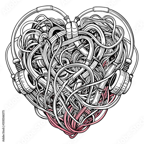 A close-up shot of a heart shape meticulously formed from a tangled mass of black and grey headphone wires, showcasing intricate knots and loops.