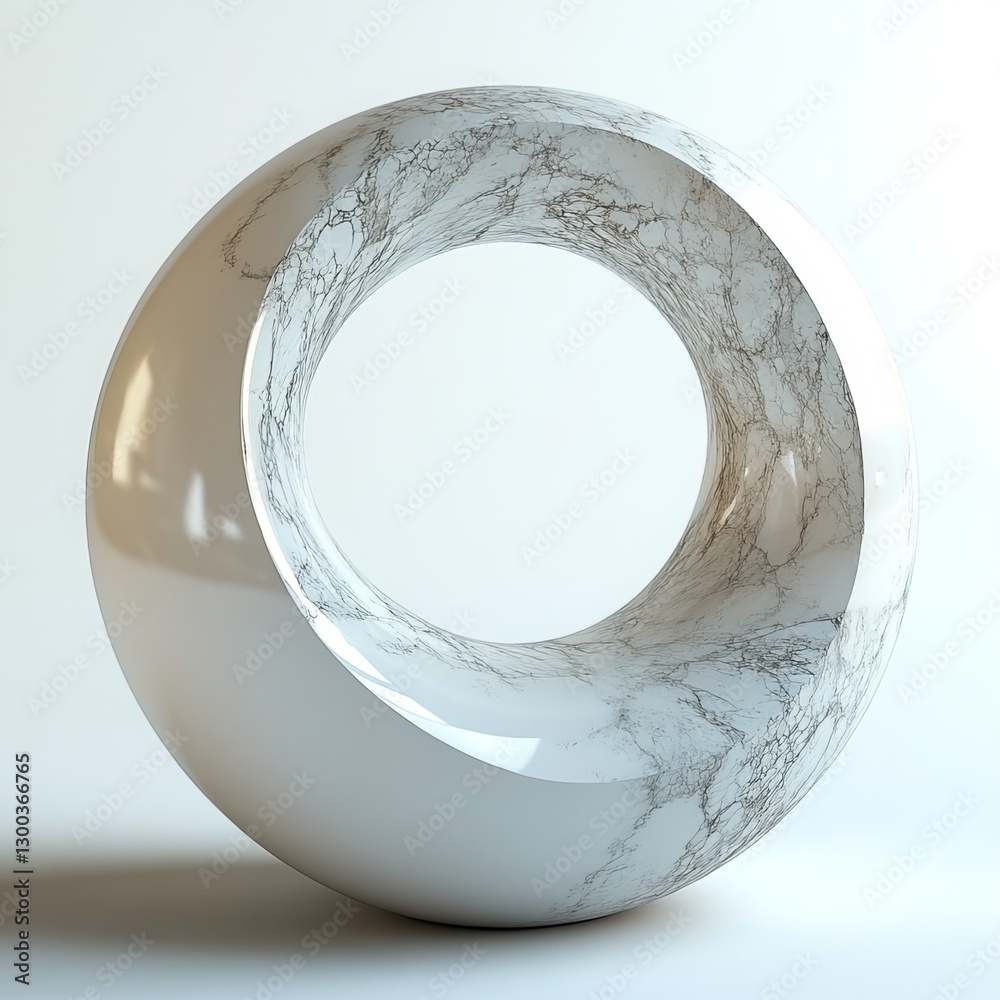 Marble Torus: An elegant white marble sculpture in the form of a torus, with a hollow center and detailed veining, creating a captivating minimalist design.