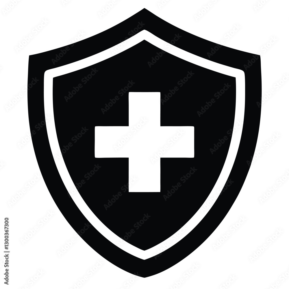 Shield icon, medical cross symbol, black and white design, minimalist logo, healthcare protection, safety emblem, security badge, emergency services, first aid symbol, vector graphic, crisp edges, Shield icon, medical cross symbol, black and white design, minimalist logo, healthcare protection, safety emblem, security badge, emergency services, first aid symbol, vector graphic, crisp edges,