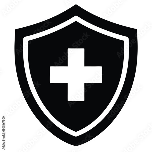 Shield icon, medical cross symbol, black and white design, minimalist logo, healthcare protection, safety emblem, security badge, emergency services, first aid symbol, vector graphic, crisp edges, 