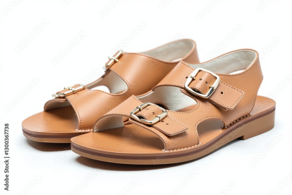 Naklejka premium Tan leather children's sandals with buckle straps, isolated.