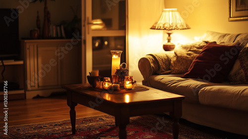 A warm living room with a sofa and coffee table, radiating comfort and relaxation.