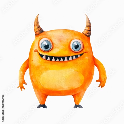 Watercolor illustration of a cute little orange monster isolated on white background.