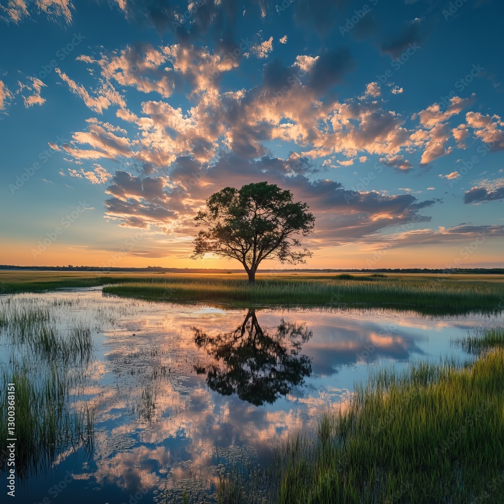 Solitary Tree at Sunset: A majestic tree stands serenely in the center of a tranquil lake, mirroring the vibrant hues of a breathtaking sunset in the sky above.