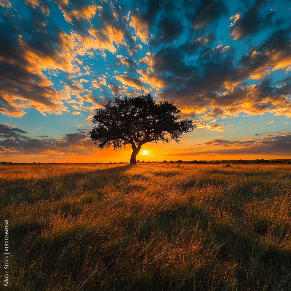 Golden Sunset Silhouette: Witness the awe-inspiring spectacle of a lone tree standing proudly amidst a field, as the sun descends in a breathtaking symphony of orange and gold.