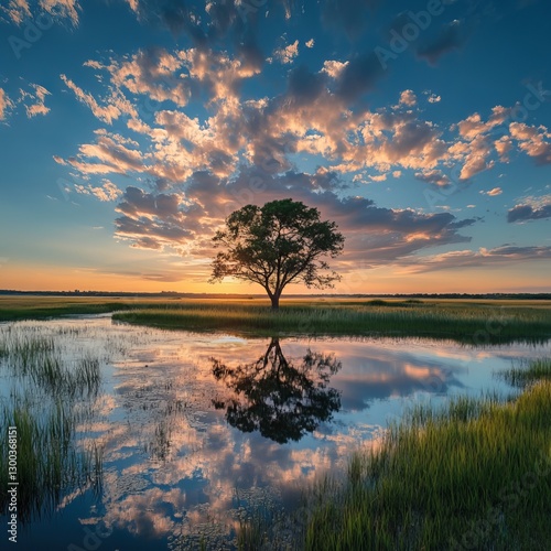 Obraz na płótnie Solitary Tree at Sunset: A majestic tree stands serenely in the center of a tranquil lake, mirroring the vibrant hues of a breathtaking sunset in the sky above. w salonie