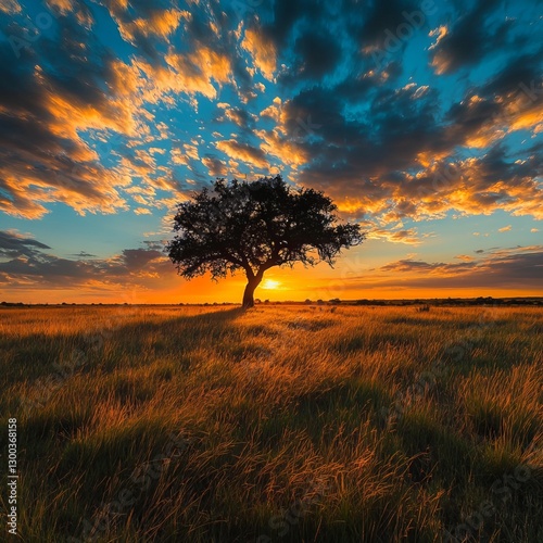 Golden Sunset Silhouette: Witness the awe-inspiring spectacle of a lone tree standing proudly amidst a field, as the sun descends in a breathtaking symphony of orange and gold.