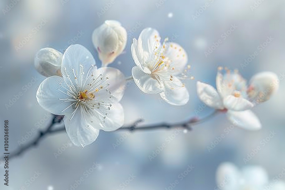 Close-up of delicate white flowers blooming on a thin branch. The background is a soft blur of pastel colors, giving the image a dreamy and serene atmosphere. Close-up of delicate white flowers blooming on a thin branch. The background is a soft blur of pastel colors, giving the image a dreamy and serene atmosphere.