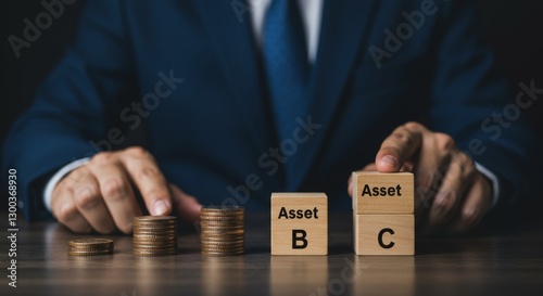 Strategic asset allocation represented by stacked coins and labeled wooden blocks