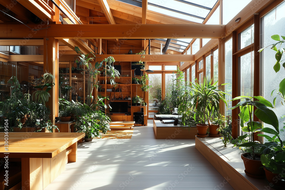 Modern Greenhouse-Inspired Living Space with Wooden Beams