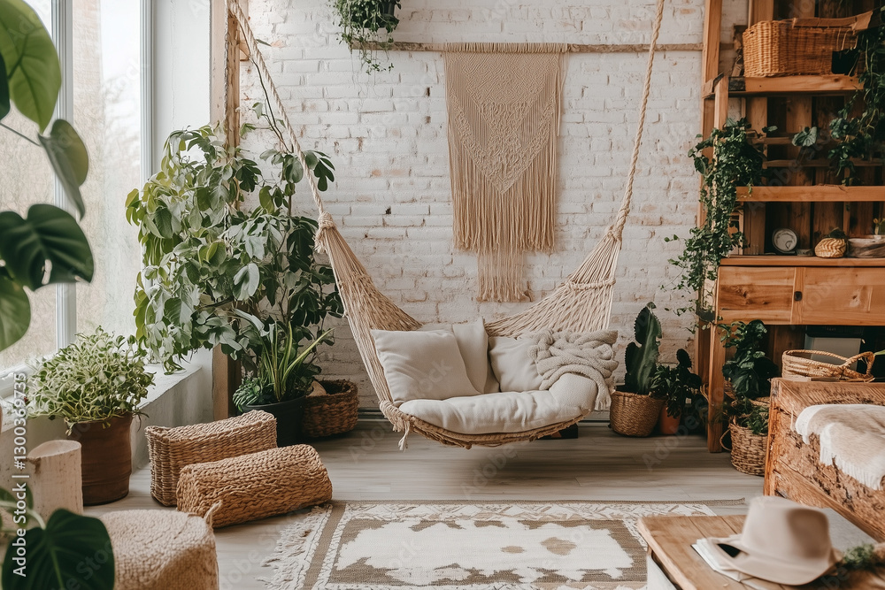 Boho Chic Hammock Corner with Greenery and White Brick Wall