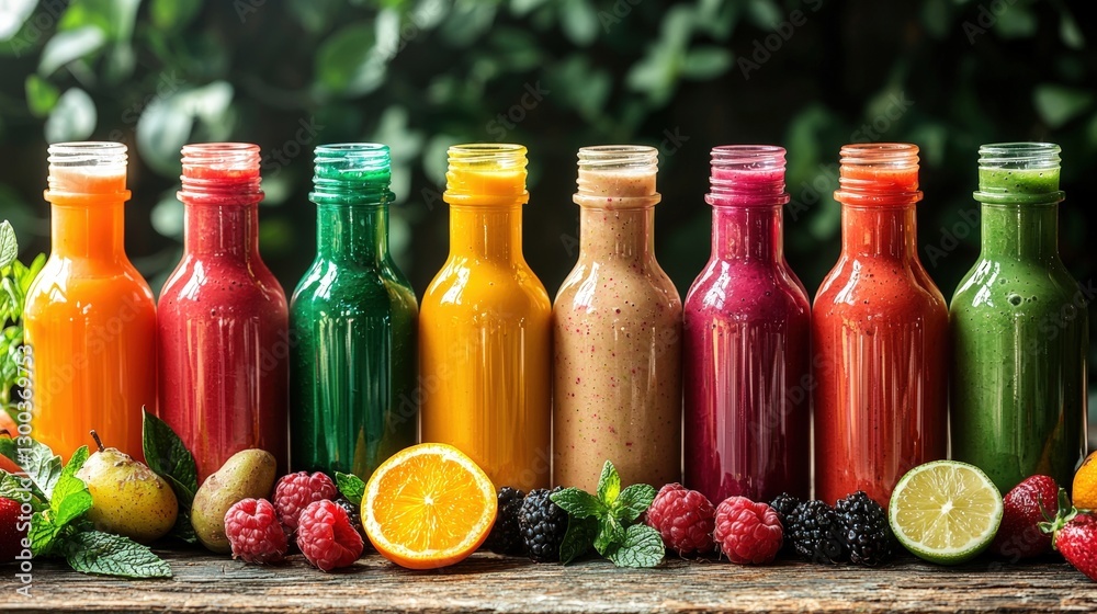 Assorted smoothie drinks in clear glasses with fruit garnishes on a wooden table Assorted smoothie drinks in clear glasses with fruit garnishes on a wooden table