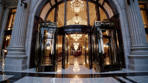Elegant revolving door rotating, revealing a glimpse of the opulent lobby with crystal chandeliers and plush seating inside a five star hotel