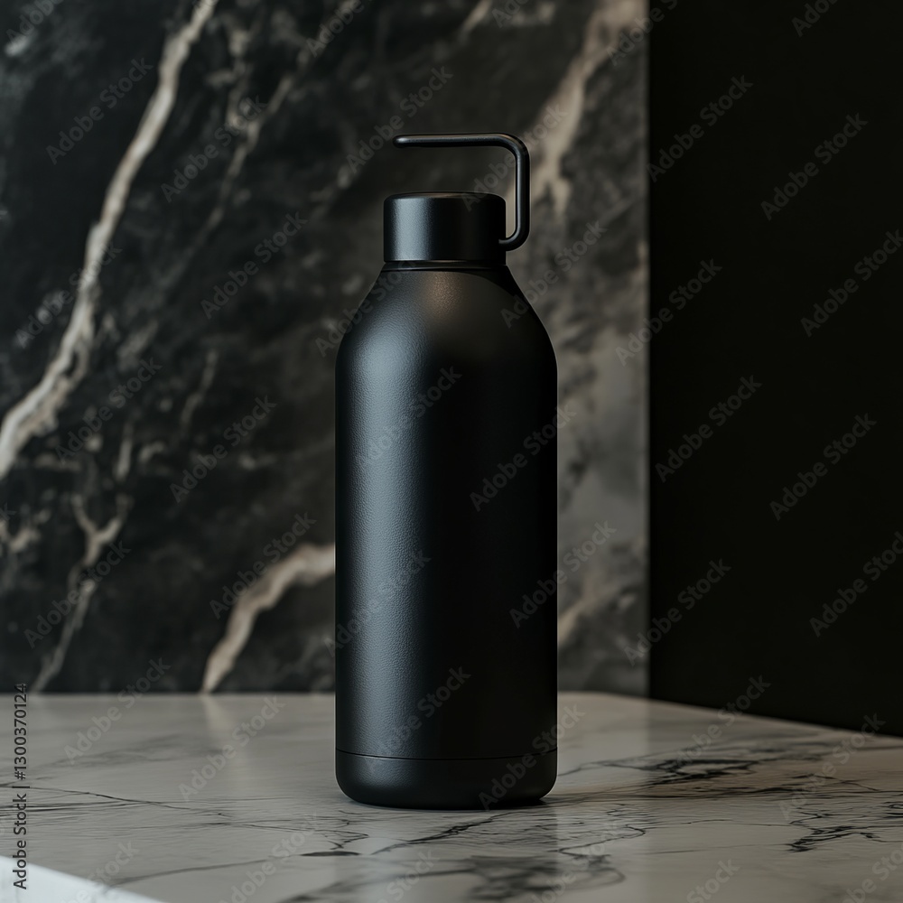 Sleek Black Water Bottle on Marble Surface: A minimalist studio shot showcasing a sleek, matte black water bottle, set against a backdrop of luxurious marble, offering a modern and stylish aesthetic.