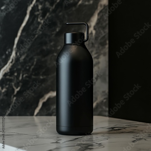 Obraz na płótnie Sleek Black Water Bottle on Marble Surface: A minimalist studio shot showcasing a sleek, matte black water bottle, set against a backdrop of luxurious marble, offering a modern and stylish aesthetic. w salonie