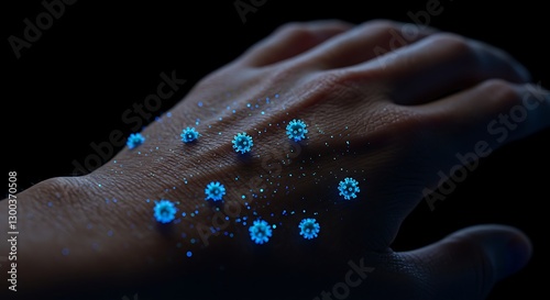 A human hand under a microscope, covered in invisible virus particles glowing under UV light.