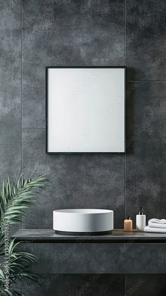 Fototapeta premium Modern bathroom interior with plant and minimal decor showcasing sleek basin, mockup