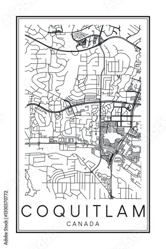Printable downtown road map poster of the Canadian city of COQUITLAM on solid white background with city name