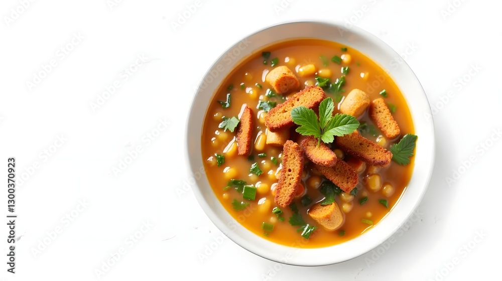 Lentil soup with croutons and meat chips for dinner on white background Text space Lentil soup with croutons and meat chips for dinner on white background Text space